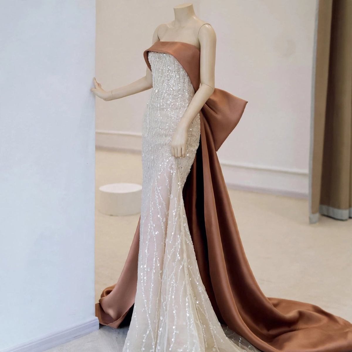 Luxury Strapless Sequin Evening Gown with Oversized Satin Bow and Sweeping Train
