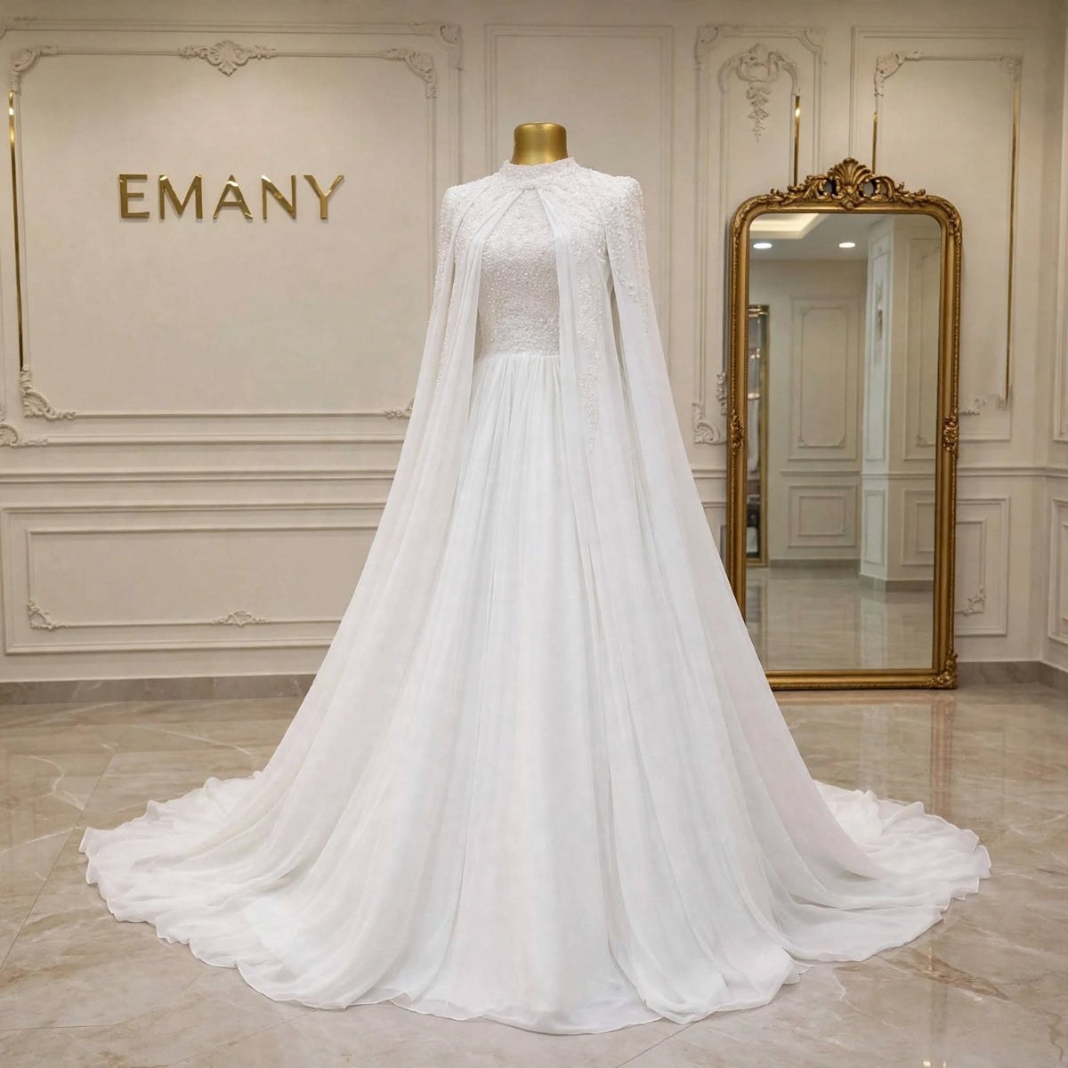 Aurelia | Modest Beaded A-Line Wedding Dress with Chiffon Cape & High Neck
