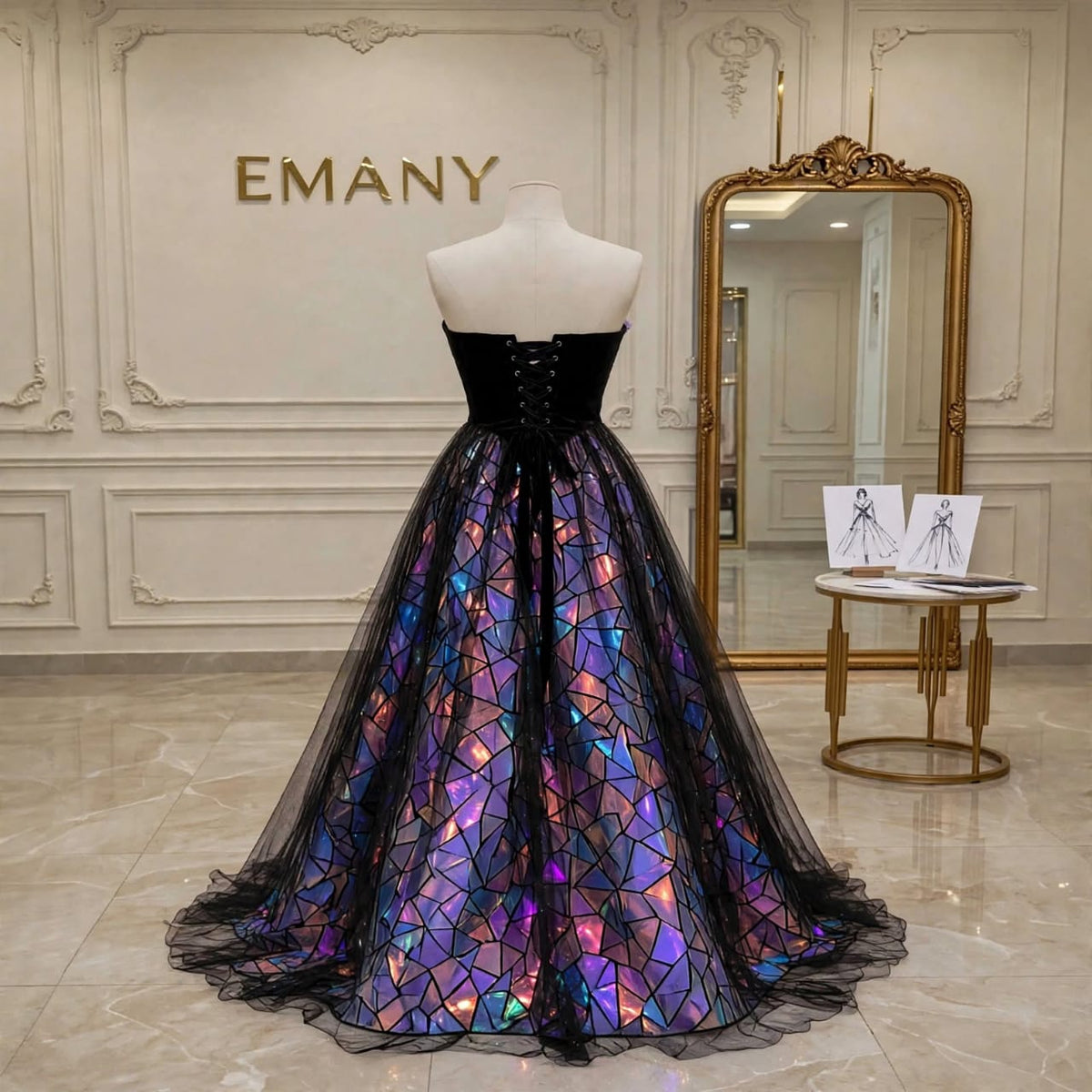 Back view of the Aurora holographic ballgown, showcasing the lace-up corset and iridescent stained-glass skirt.