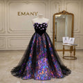  Full front view of the Aurora black velvet gown with 3D roses and a dramatic holographic stained-glass skirt.
