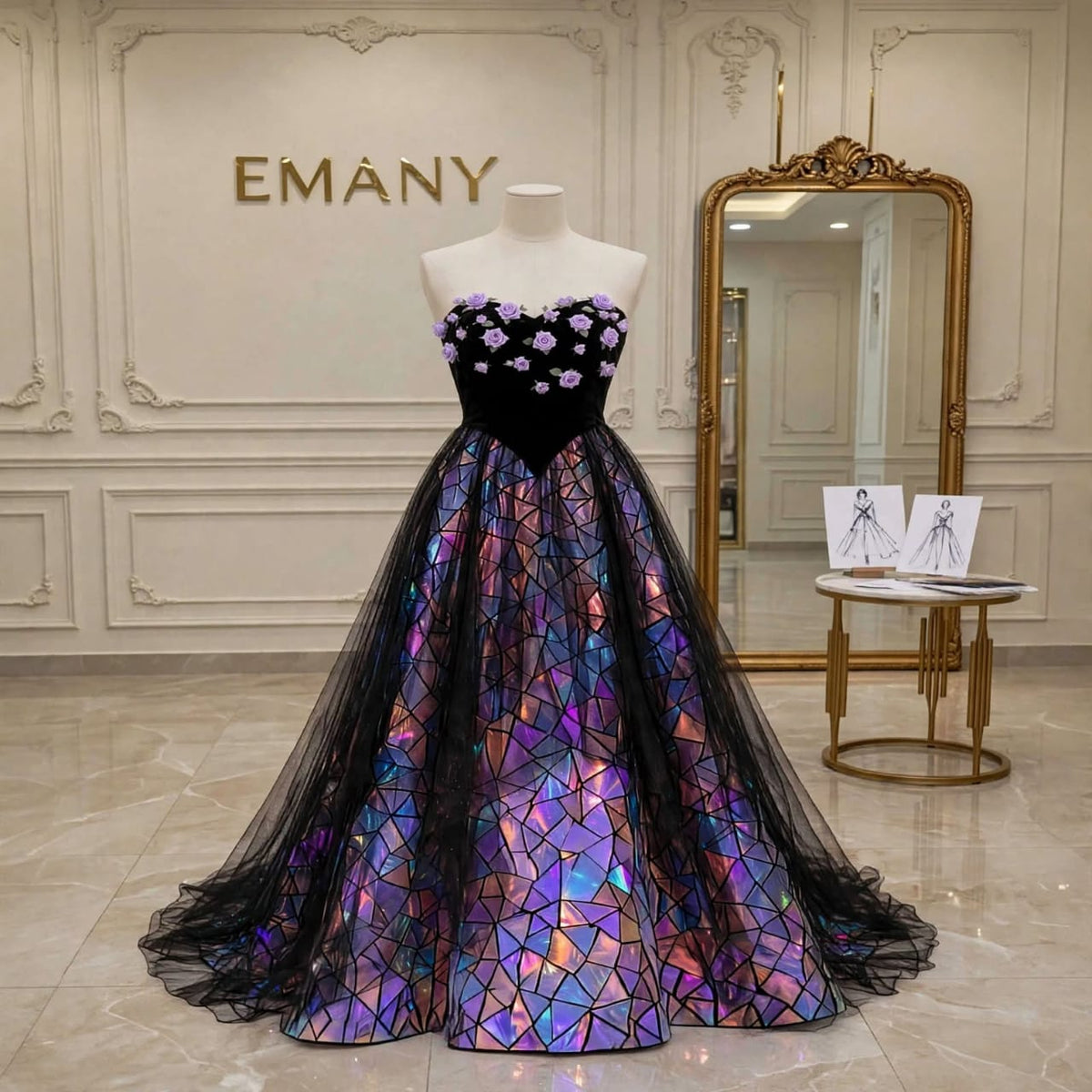  Full front view of the Aurora black velvet gown with 3D roses and a dramatic holographic stained-glass skirt.
