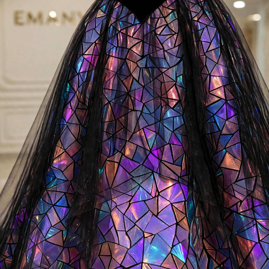 Macro detail of the holographic stained-glass pattern on the Aurora tulle skirt, reflecting purple, blue, and gold hues.