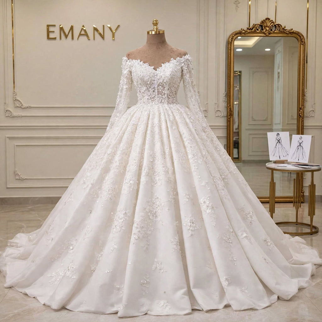 Full view of the Celestia wedding dress showcasing the voluminous A-Line skirt with cascading floral details and cathedral train.