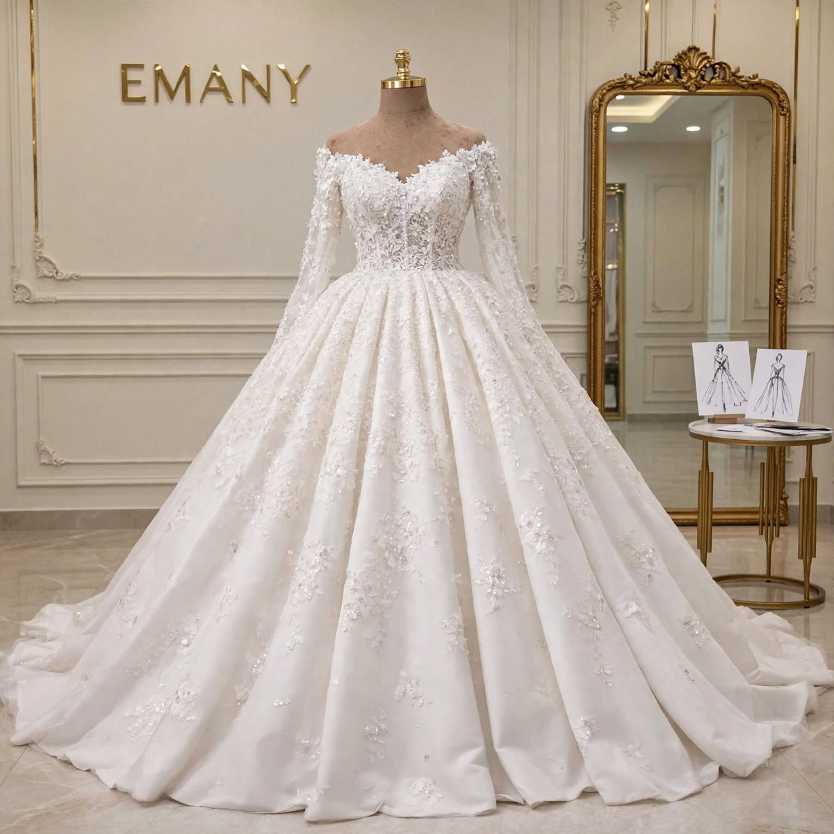 Full view of the Celestia wedding dress showcasing the voluminous A-Line skirt with cascading floral details and cathedral train.