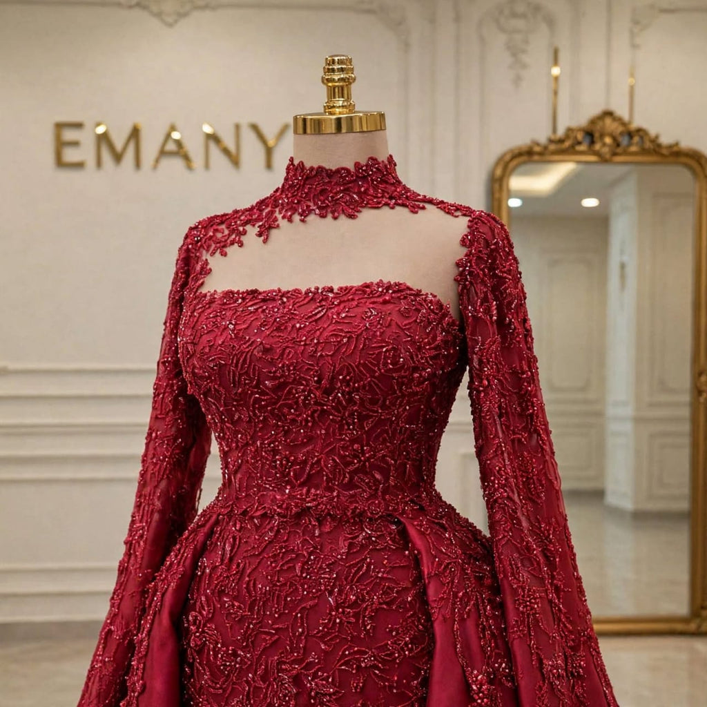 Close-up of the illusion high neck and beadwork on the Celestine burgundy gown.
