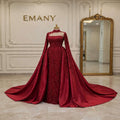 Full front view of the Celestine burgundy gown with the dramatic detachable overskirt.
