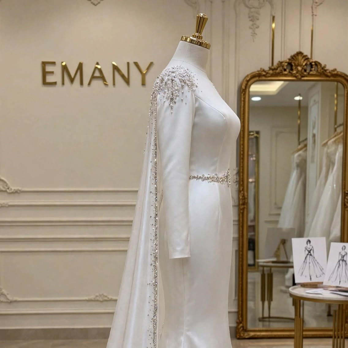Side profile of the Elara modern modest wedding dress, showing the graceful mermaid silhouette and long sweeping train.

