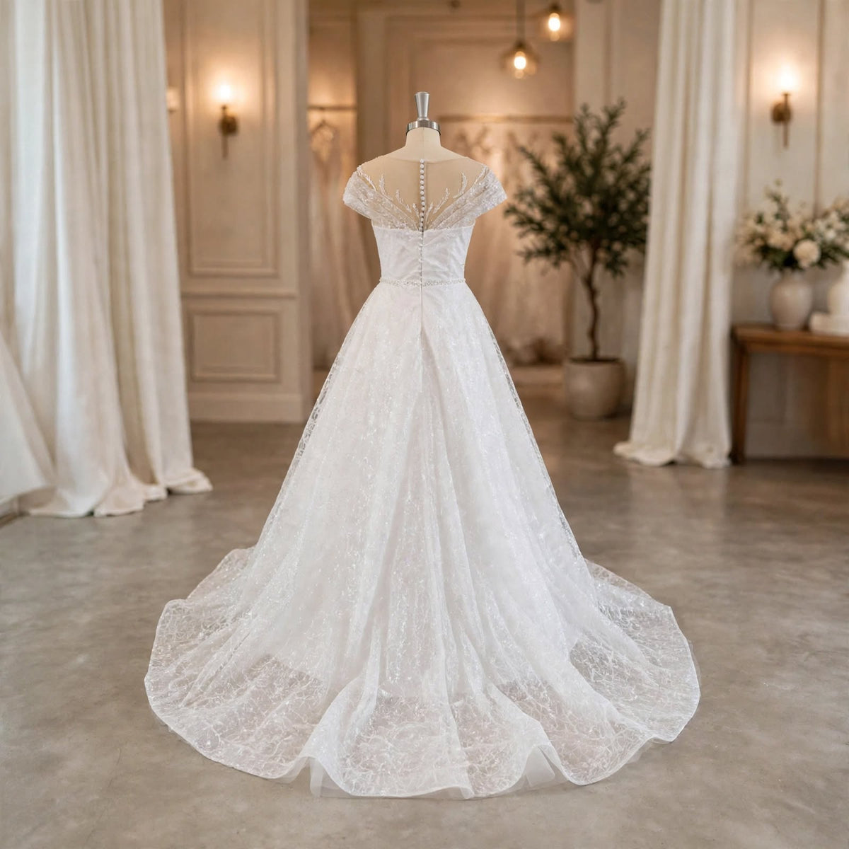 back reall photo White A-line wedding dress with sheer illusion neckline, lace appliqué, pearl beading, and off-the-shoulder sleeves displayed on a mannequin.
