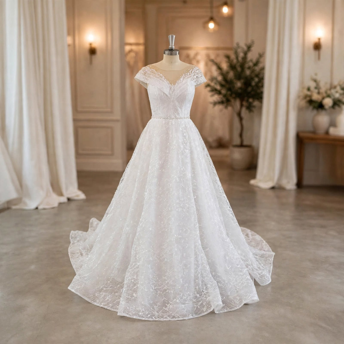 reall photo White A-line wedding dress with sheer illusion neckline, lace appliqué, pearl beading, and off-the-shoulder sleeves displayed on a mannequin.

