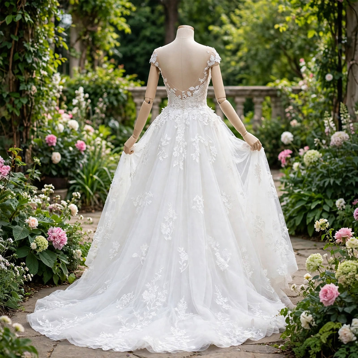 Back view of the A-line wedding dress on a mannequin, showing the V-back design with pearl buttons and the full, flowing tulle skirt.


