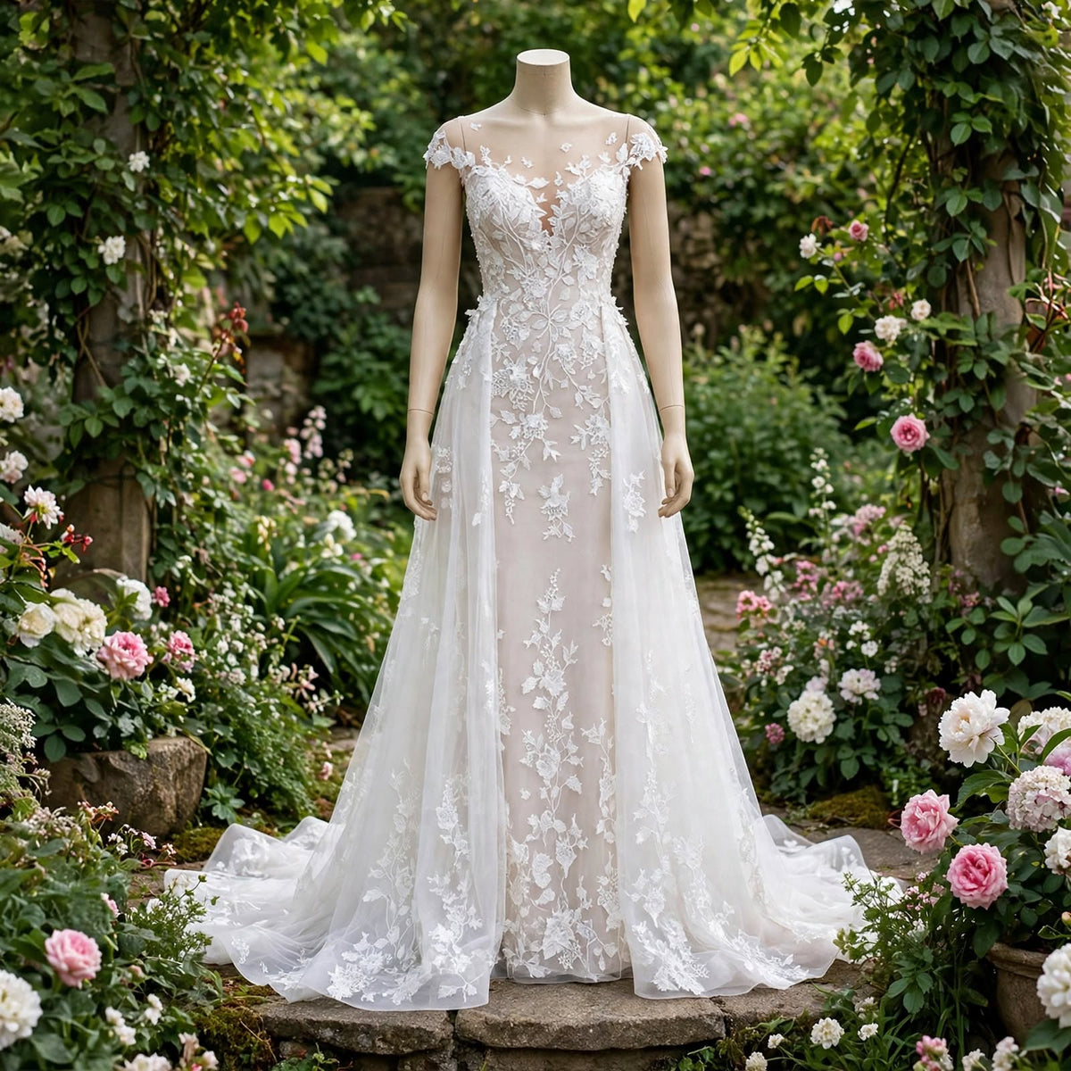 Elegant A-line white lace wedding dress on a gold hanger, featuring a long sweep train, displayed in an outdoor garden setting.