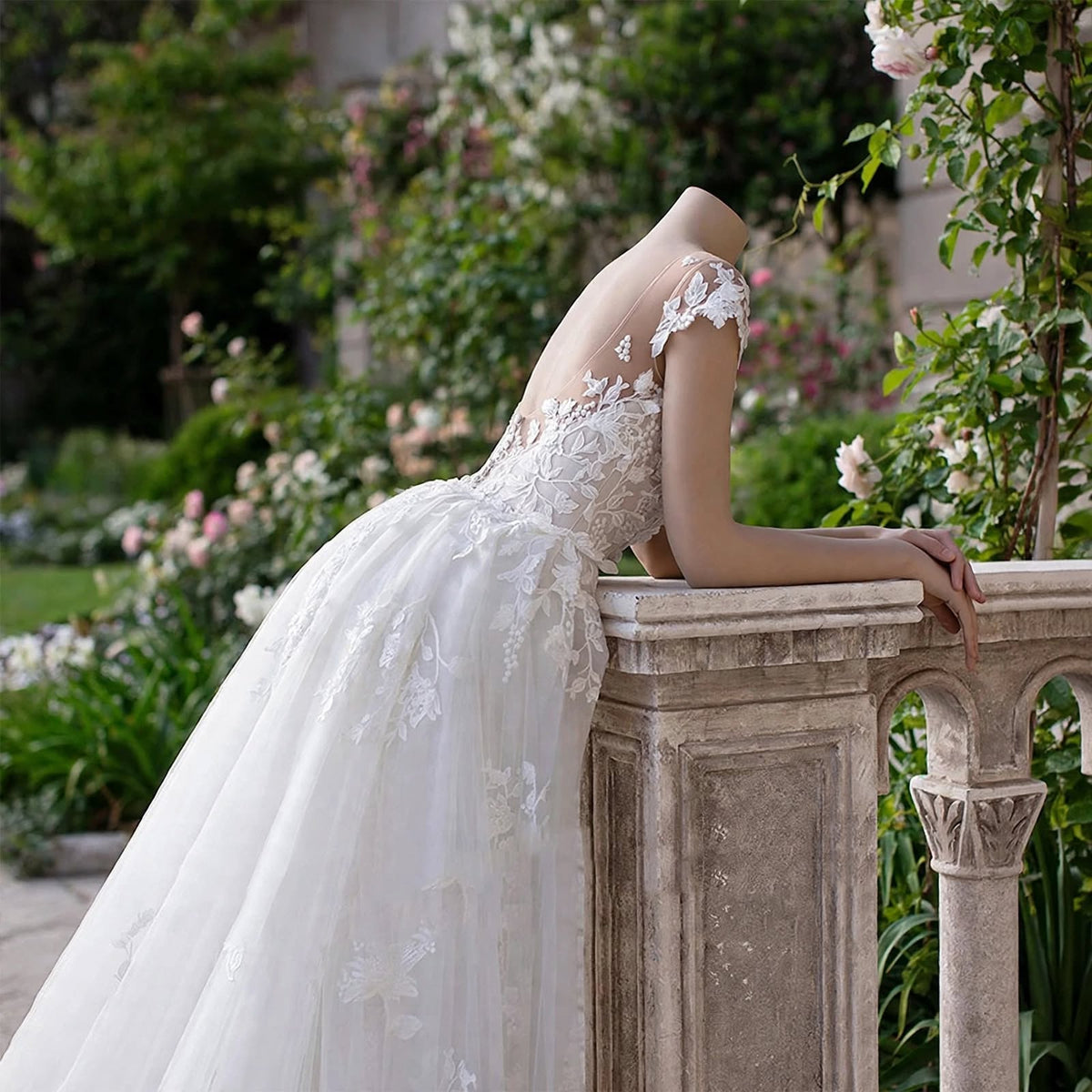 Elegant A-Line Lace Bridal Gown – Sheer Neckline & Sweep Train