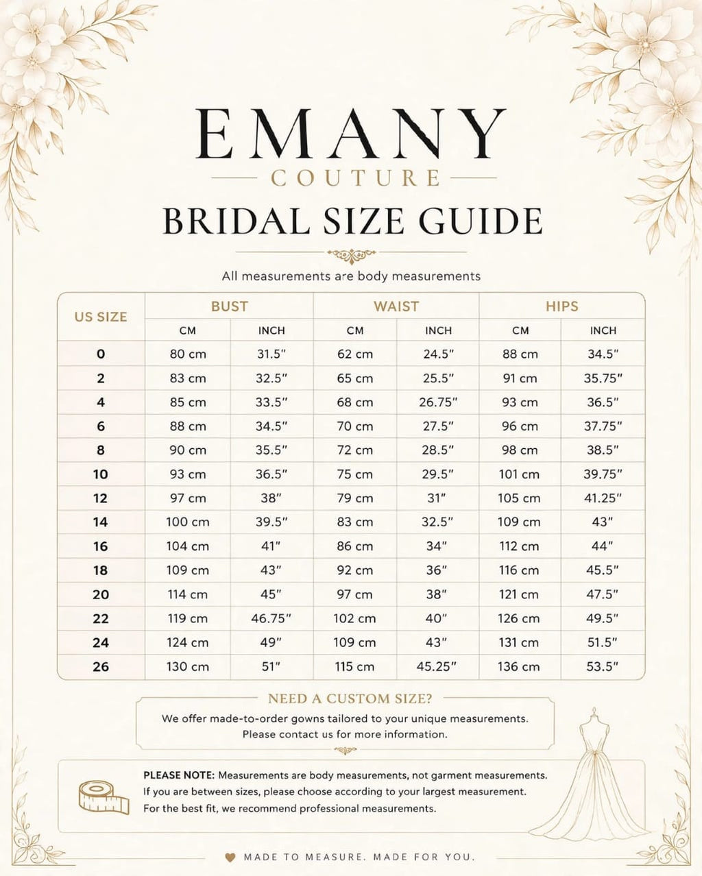 A bridal size guide chart from Emany Couture, displaying a table of US sizes from 0 to 26 with measurements in centimeters, inches, and centimeters for bust, waist, and hips. The chart has an elegant cream background with gold floral borders and the brand name 'EMANY COUTURE' at the top.