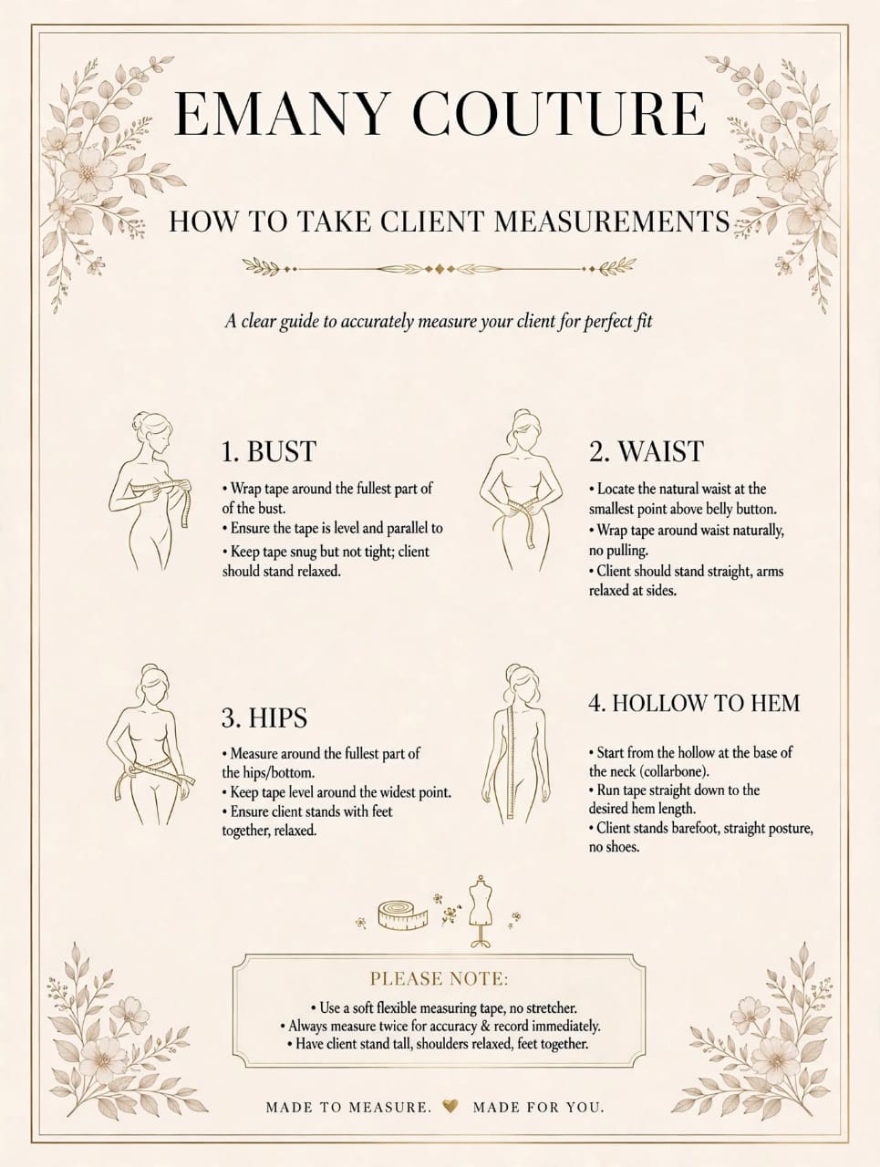 An instructional guide sheet titled 'EMANY COUTURE HOW TO TAKE CLIENT MEASUREMENTS' with illustrated figures demonstrating how to measure bust, waist, hips, and hollow to hem, plus a note section at the bottom on making measurements.