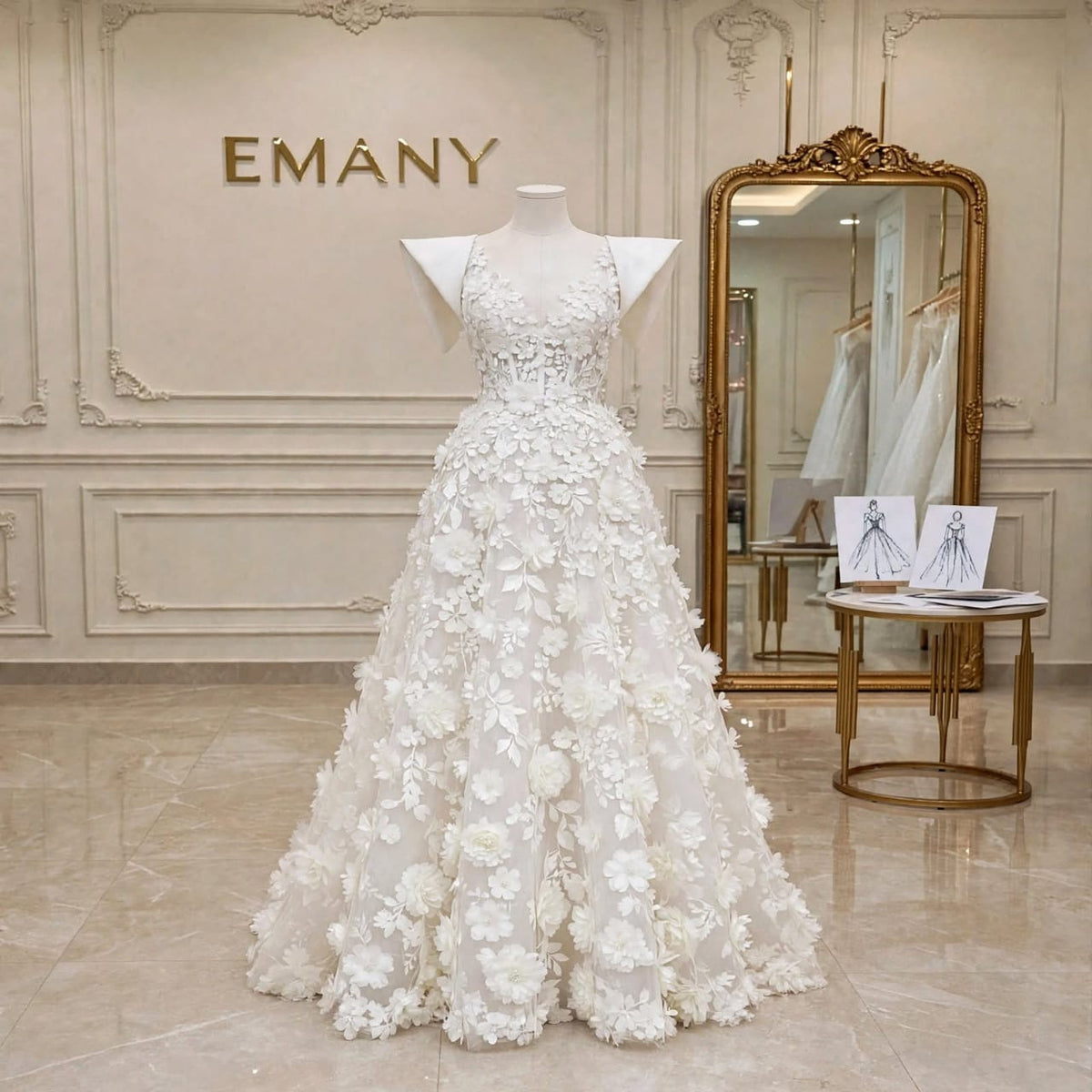 An elegant white A-line wedding gown with 3D floral appliqués displayed on a mannequin in a bridal boutique. The background features a cream-colored paneled wall with the brand name 'EMANY' in gold lettering, a large ornate gold mirror, and a small table with sketch books.