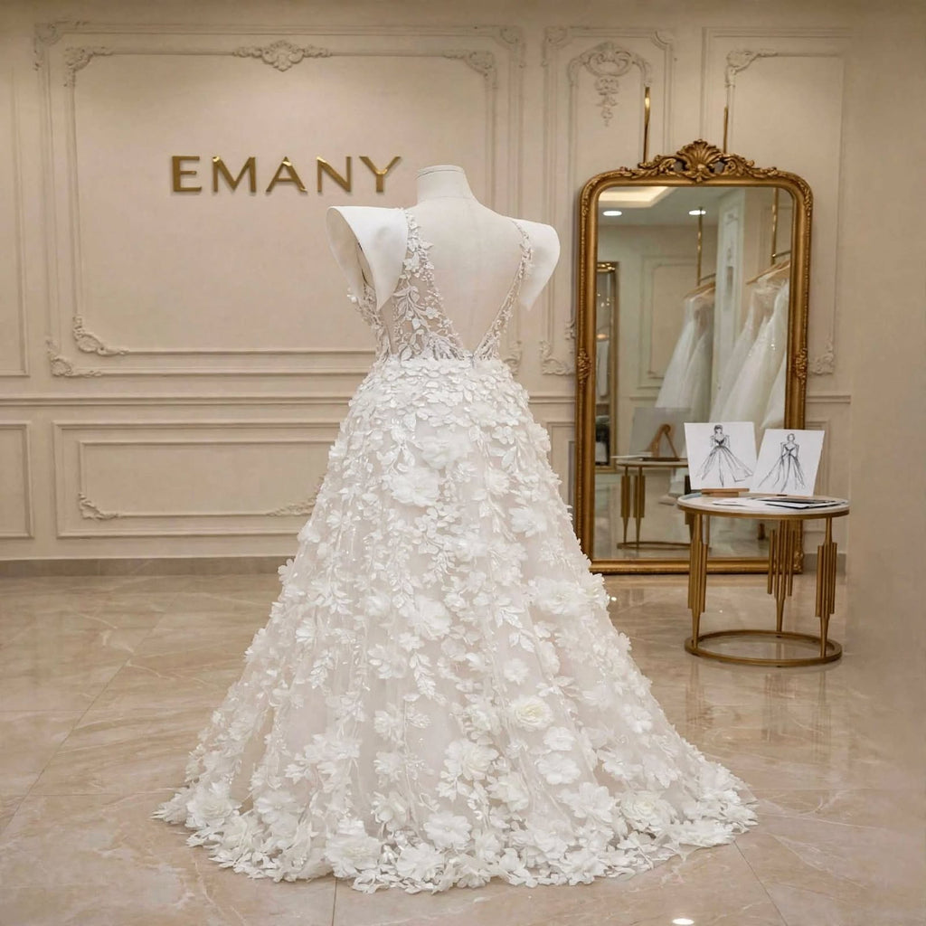 A white A-line wedding gown with 3D floral applique and a deep V-neckline displayed on a mannequin in a bridal boutique. The boutique features a gold-framed mirror, a small table with fashion sketches, and the brand name 'EMANY' on the wall.