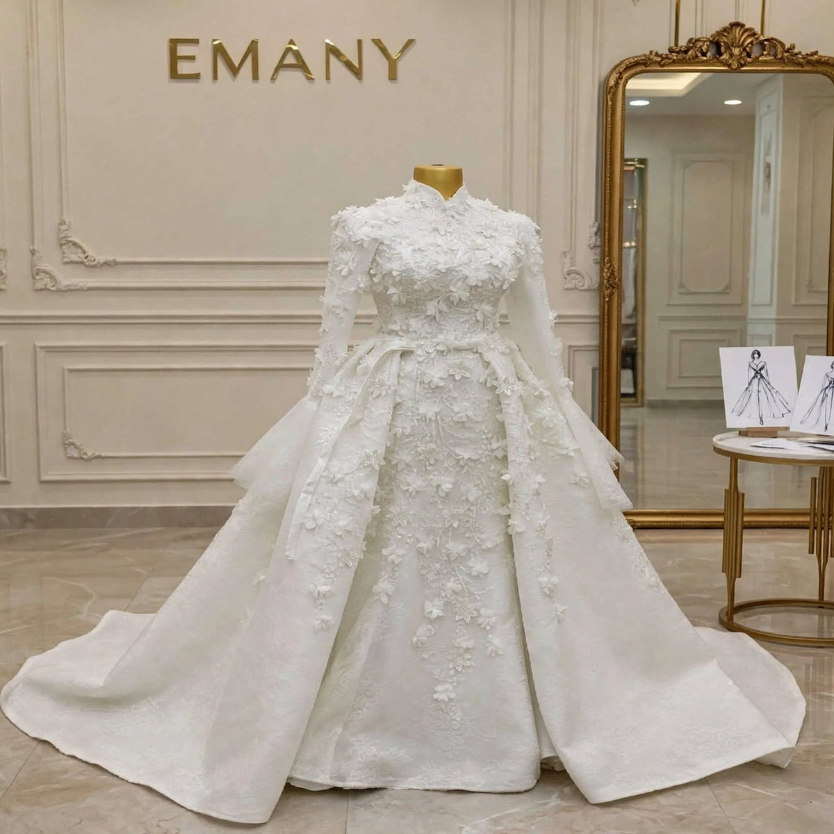 An elegant white wedding gown with intricate floral embroidery and a high collar is displayed on a mannequin in a luxurious boutique. The background features a cream-colored paneled wall with the brand name 'EMANY' in gold lettering, a large ornate gold mirror, and a small round table with fashion sketches.