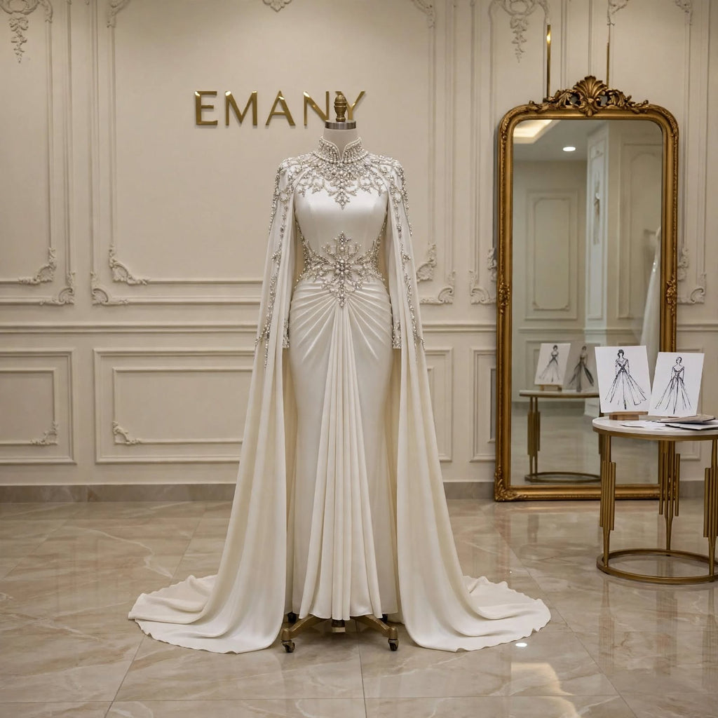 An ivory bridal gown with a dramatic cape overlay and intricate crystal embellishments is displayed on a mannequin in a luxury boutique. The background features elegant cream-colored wall molding, a large gold-framed mirror, and the brand name 'EMANY' mounted on the wall.