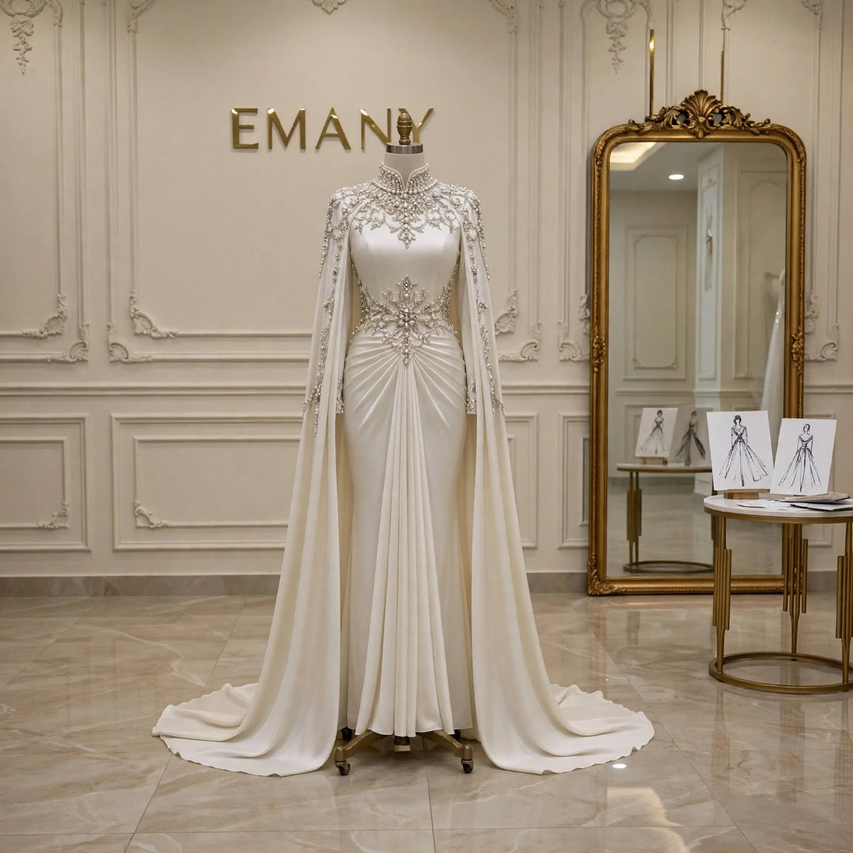 An ivory bridal gown with a dramatic cape overlay and intricate crystal embellishments is displayed on a mannequin in a luxury boutique. The background features elegant cream-colored wall molding, a large gold-framed mirror, and the brand name 'EMANY' mounted on the wall.