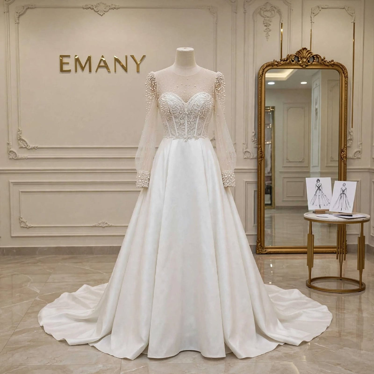 ull front view of the Rosalind satin wedding dress with pearl cuffs and illusion neckline.