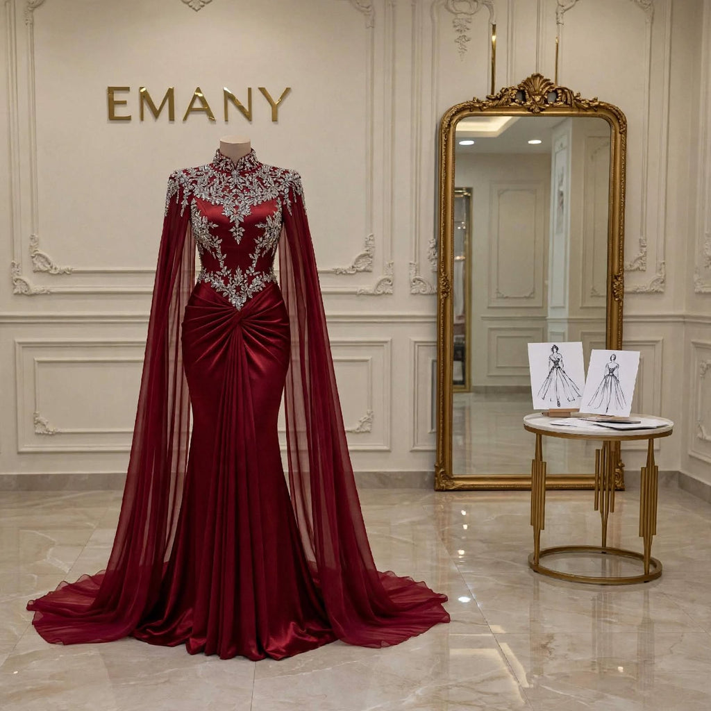 A floor-length burgundy evening gown displayed on a mannequin in an elegant interior showroom. The dress features a high neckline, silver and white floral embroidery across the bodice, a gathered waist, and a long sheer cape-like sleeve.