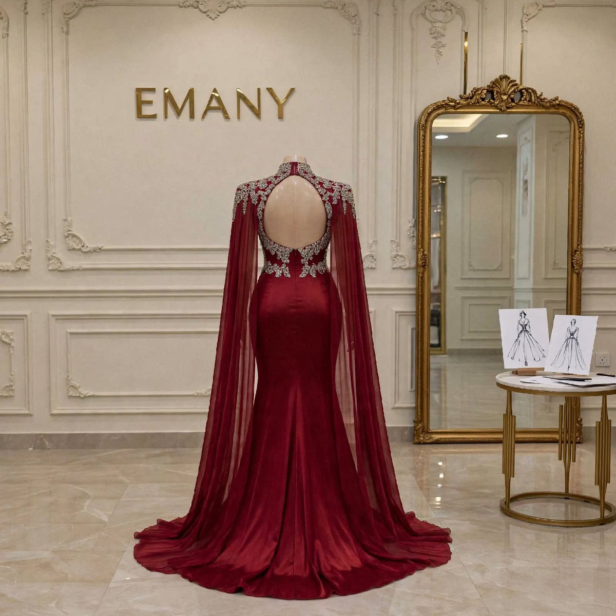 A floor-length burgundy evening gown displayed on a mannequin in a luxurious room, featuring a sheer draped cape with intricate silver beaded embroidery along the shoulders and a dramatic open back. The gold 'EMANY' brand name is visible on the wall behind.