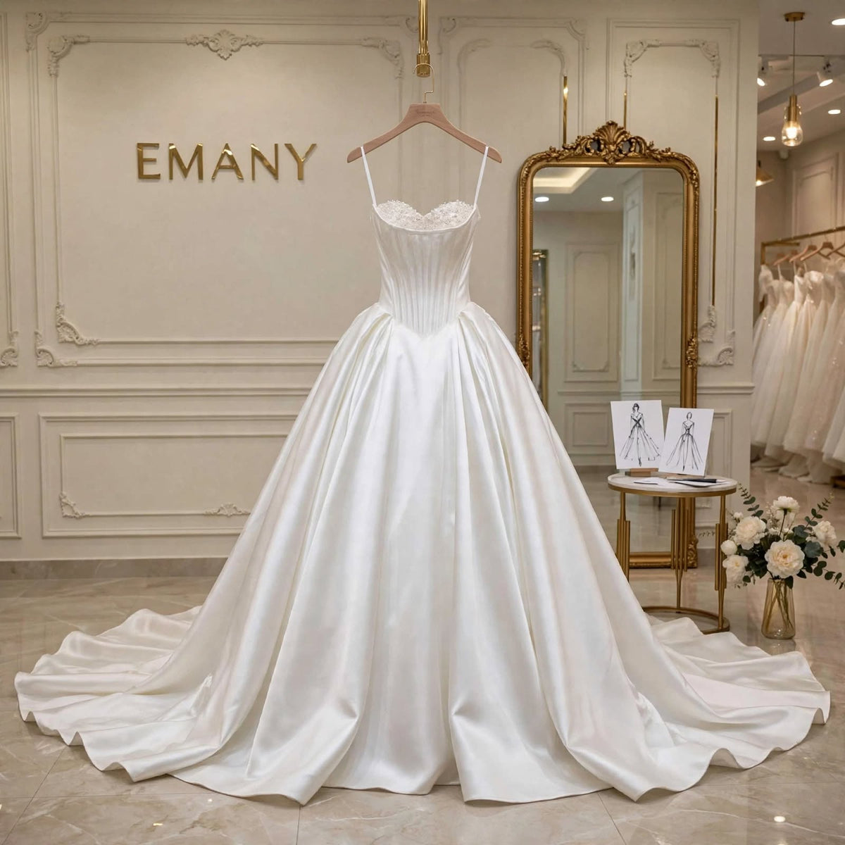 Selene | Minimalist Satin Corset Ballgown with Crystal Sweetheart Neckline