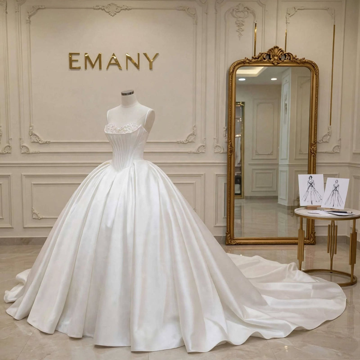 A white ball gown wedding dress displayed on a mannequin in an elegant interior room. The dress has a structured corset-style bodice, a full satin skirt, and a long train.