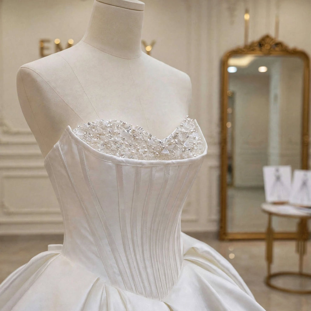 A white strapless wedding gown with a heavily embellished beaded sweetheart neckline and a full skirt, displayed on a cream mannequin in an elegant boutique interior.