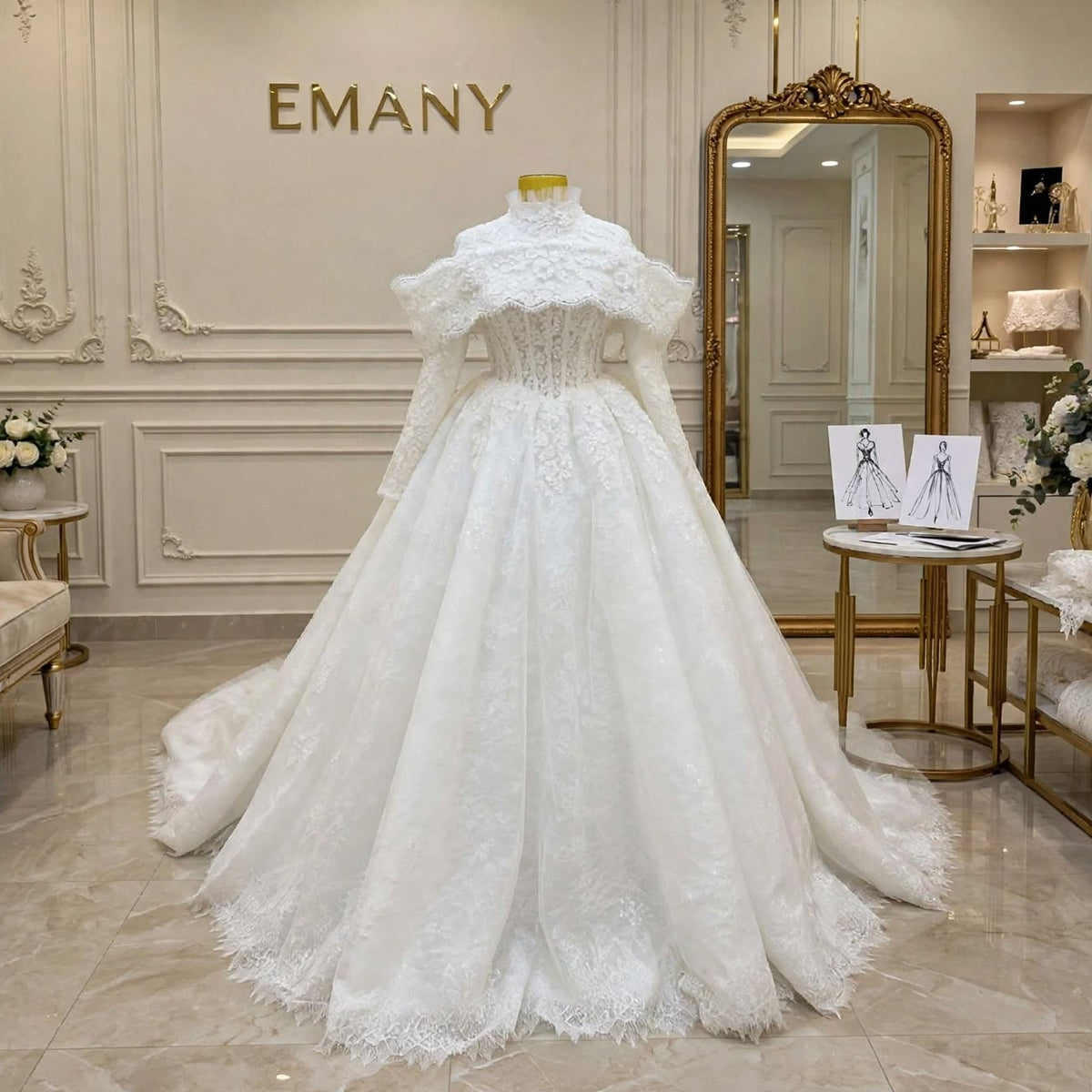 Full front view of the Victoria modest royal wedding dress by EMANY, featuring a high neck and a voluminous ballgown skirt with a dramatic train.

