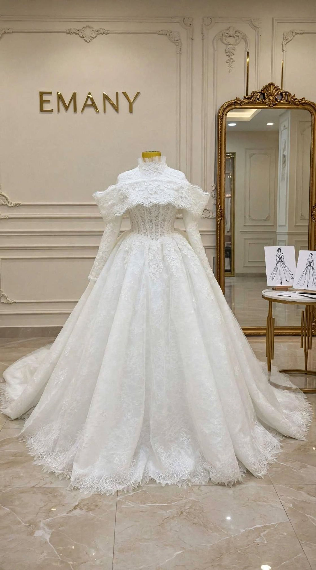Full front view of the Victoria modest royal wedding dress by EMANY, featuring a high neck and a voluminous ballgown skirt with a dramatic train.

